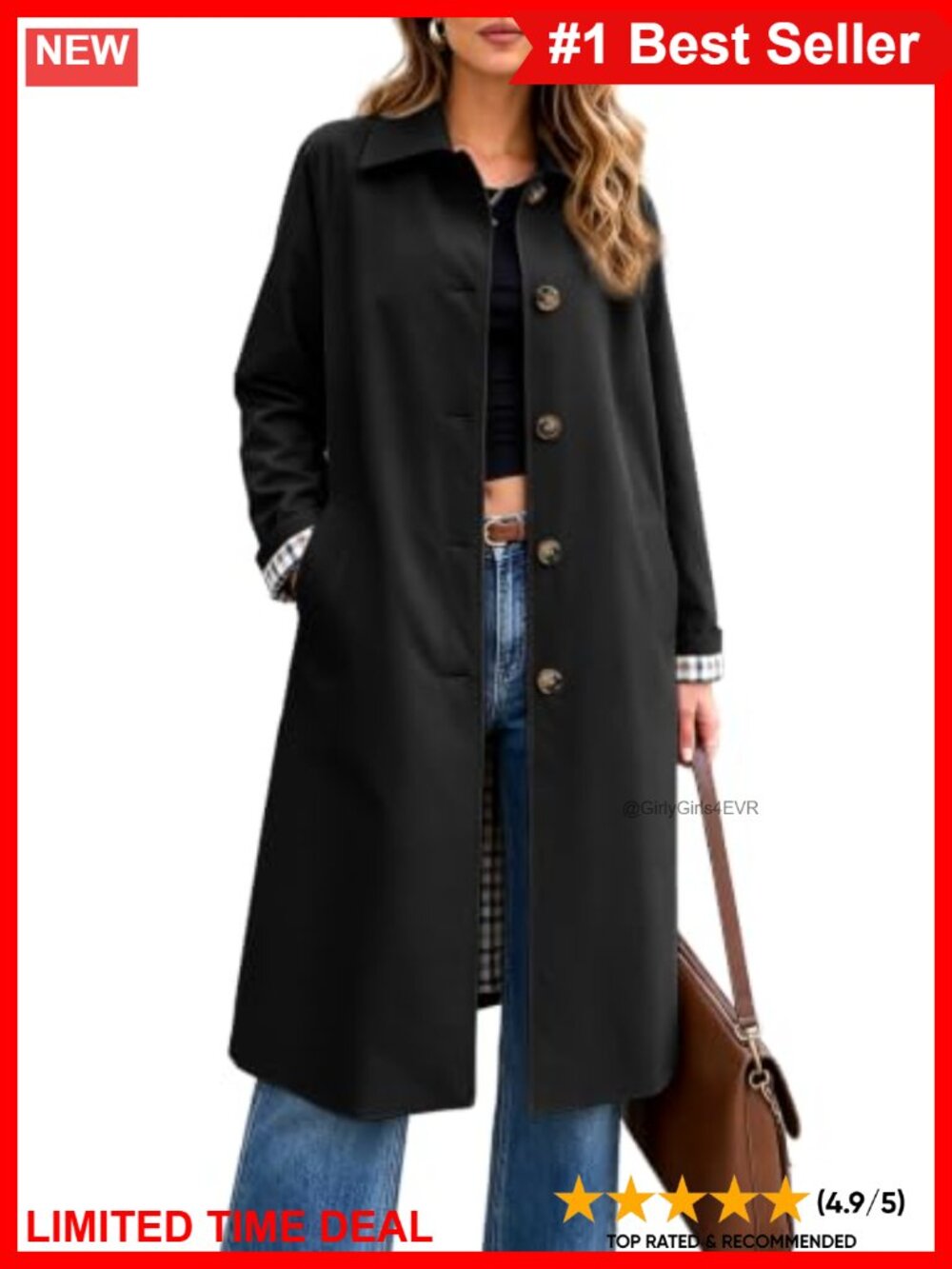 Women's Long Trench Coat Windproof Oversized Button Front Fall Jacket
